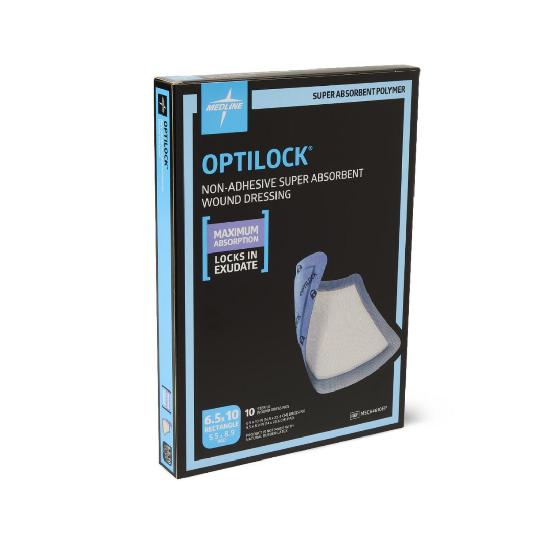 A box of Medline OptiLock Nonadhesive Super Absorbent Wound Dressings, 10 rectangular 6.5 x 10 in. pads with a non-adherent layer for gentle care, offering maximum absorption and effective exudate locking.